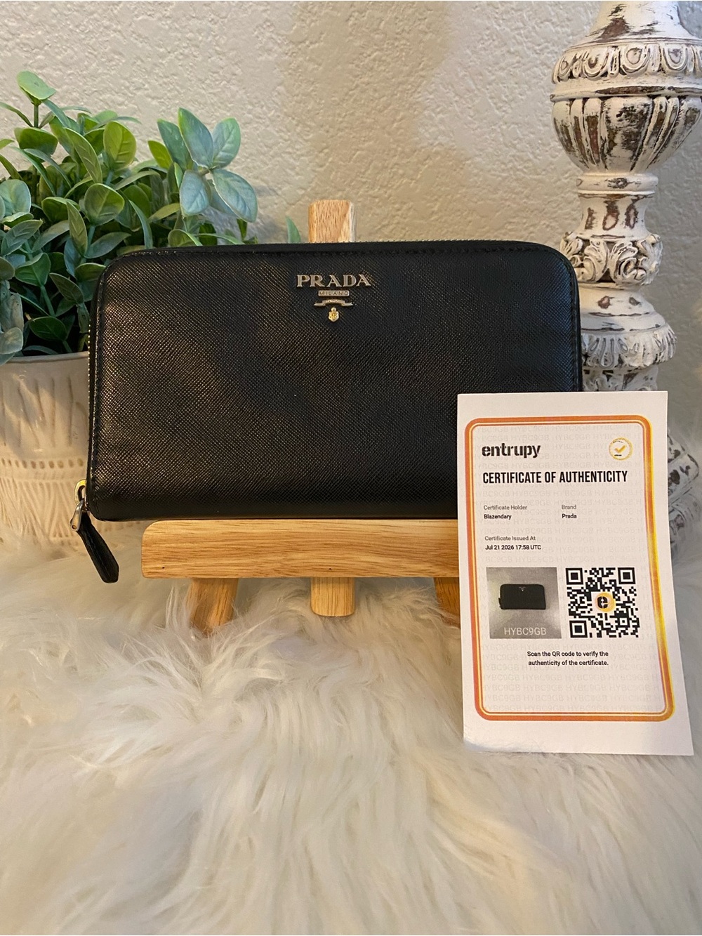 Prada Black Saffiano Zip-Around Wallet with Gold Logo